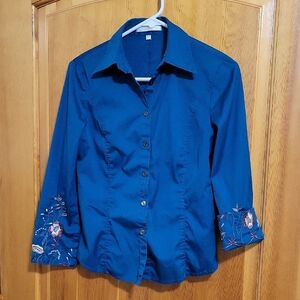 Blue Button-Up Fitted Shirt with Embroidered Sleeves